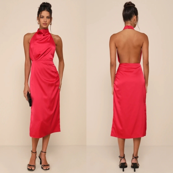 Lulus Gorgeous Season Bright Red Satin Backless Midi Dress S Wedding Party Prom - Picture 1 of 10